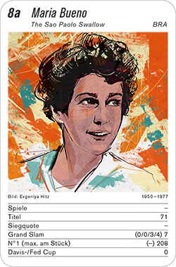 Tennis, Volume 1, Karte 8a, BRA/ARG, Maria Bueno, Illustration: Evgeniya Hitz.