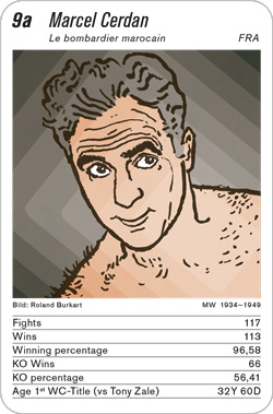 Boxen, Volume 1, Karte 9a, FRA/HUN/SUI/PHI, Marcel Cerdan, Illustration: Roland Burkart.