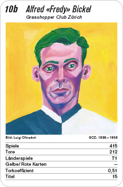 Fussball, CH, Karte 10b, Grasshopper Club Zürich, Alfred „Fredy“ Bickel, Illustration: Luigi Olivadoti.
