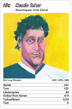 Fussball, CH, Karte 10c, Grasshopper Club Zürich, Claudio Sulser, Illustration: Luigi Olivadoti.