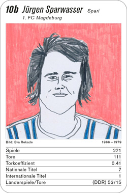 Fussball, DE.1, Karte 10b, Eintracht Braunschweig/1. FC Magdeburg/MSV Duisburg/Fortuna Düsseldorf, Jürgen Sparwasser, Illustration: Eva Rekade.