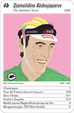 Radsport, Volume 3, Karte 4b, RUS/MDA/UZB/KAS, Djamolidine Abdoujaparov, Illustration: Simone Colongo.