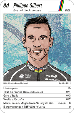 Radsport, Volume 3, Karte 8d, BEL, Philippe Gilbert, Illustration: Florian Dino Molinari.