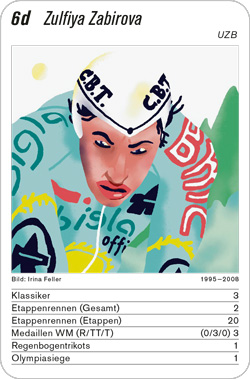 Radsport, Volume 4, Karte 6d, LTU/BLR/UZB, Zulfiya Zabirova, Illustration: Irina Feller. Radsport, Volume 4, Karte 6d, LTU/BLR/UZB, Zulfiya Zabirova, Illustration: Irina Feller.