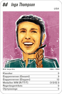 Radsport, Volume 4, Karte 8d, USA, Inga Thompson, Illustration: Jenya Hitz.