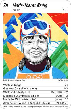 Ski Alpin, Volume 1, Karte 7a, SUI, Marie-Theres Nadig, Illustration: Matthias Leutwyler.