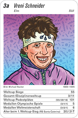 Ski Alpin, Volume 1, Karte 3a, SUI, Vreni Schneider, Illustration: Michael Hacker.