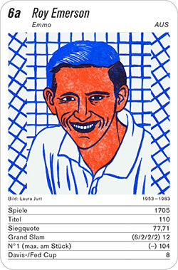Tennis, Volume 1, Karte 6a, AUS, Roy Emerson, Illustration: Laura Jurt.