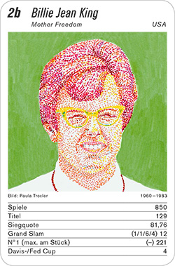 Tennis, Volume 1, Karte 2b, USA, Billie Jean King, Illustration: Paula Troxler.
